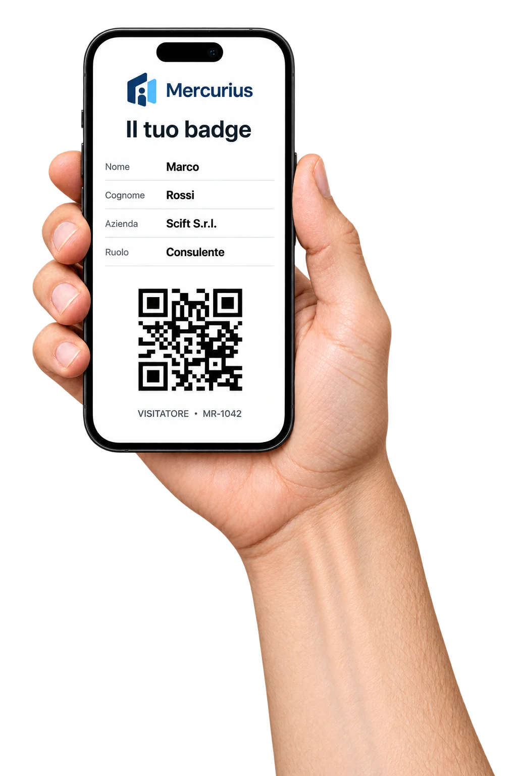 Una mano tiene uno smartphone con un badge Mercurius: nome Marco, cognome Rossi, azienda Scift S.r.l., ruolo Consulente e codice QR per https://mercurius.scift.it.